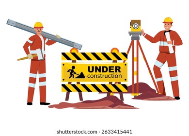 Construction workers with under construction sign, caution stripes, tools, and equipment, vector illustration