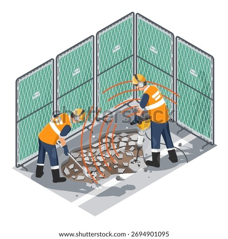 Construction workers using jackhammer and shovel on city pavement with portable noise barrier acoustic barrier and noise protector panels reducing sound impact in urban area