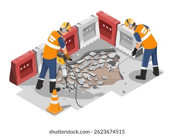 Construction workers using jackhammer and tools to repair broken concrete road surface in safety zone with barriers and caution cone isometric - Powered by Shutterstock - Get 15% off with code: PIKWIZARD15