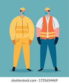 construction workers using medical mask during covid 19 pandemic vector illustration design