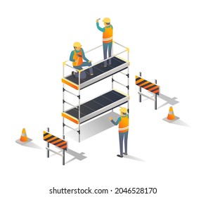 Construction workers using scaffolding in isometric illustration