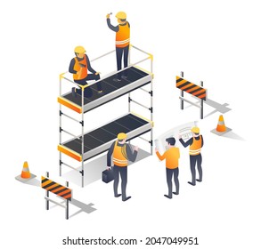 Construction workers using scaffolding in isometric illustration