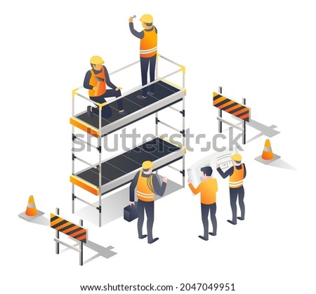 Construction workers using scaffolding in isometric illustration