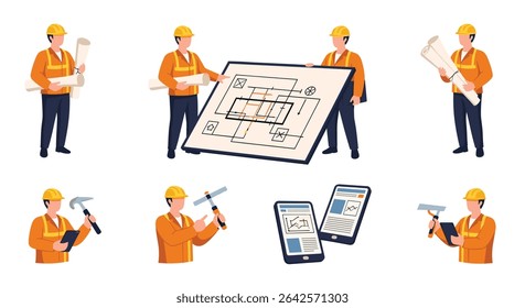Construction Workers in Various Poses Holding Blueprints Tools Tablets and Discussing Plans on Site