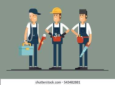 Construction workers vector flat characters. Young man friendly smiling workers in workwear overalls standing isolated and holding building tools. Buildin specialists ready for work