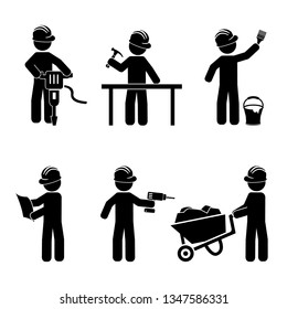 Construction workers vector icon set, jackhammer drill, hammer, paint, blueprint or plan, power drill and wheelbarrow icons