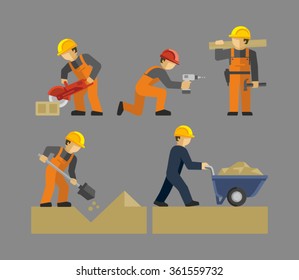 Construction Workers Vector. Man working with shovel. Male Construction Worker using a concrete cutter tool. Man Pushing a wheelbarrow of sand. 
