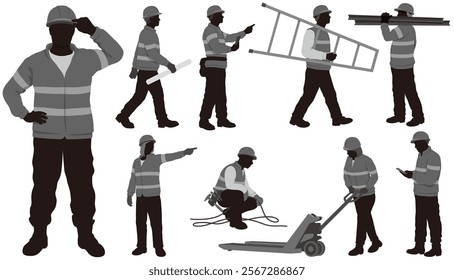 Construction Workers Vector Monochrome Illustration Set Isolated On A White Background.