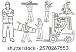 Construction Workers Vector Monochrome Line Drawing Set Isolated On A White Background.