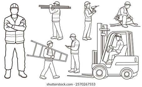 Construction Workers Vector Monochrome Line Drawing Set Isolated On A White Background.