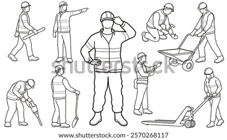 Construction Workers Vector Monochrome Line Drawing Set Isolated On A White Background.