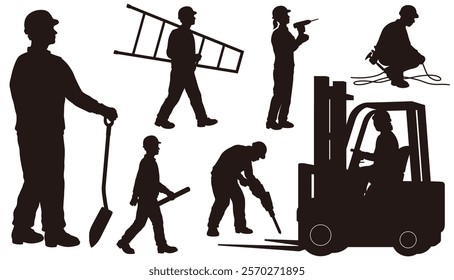 Construction Workers Vector Monochrome Silhouette Illustration Set Isolated On A White Background.