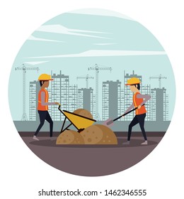 Construction workers with vests and helmets using tools and machinery, under construction buildings and people. vector illustration graphic design