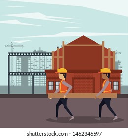 Construction workers with vests and helmets using tools and machinery, under construction buildings and people. vector illustration graphic design