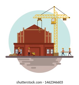 Construction workers with vests and helmets using tools and machinery, under construction buildings and people. vector illustration graphic design