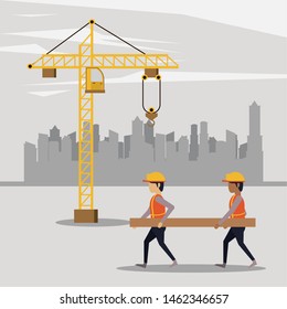 Construction workers with vests and helmets using tools and machinery, under construction buildings and people. vector illustration graphic design