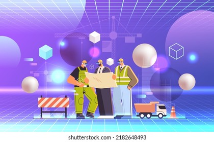 construction workers in virtual reality glasses holding blueprint vr vision headset innovation metaverse concept