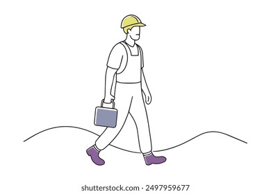 a construction workers walking on a dirt road Hand drawn offset fill with doodle illustration