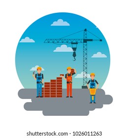 construction workers wall brick jackhammer and crane round sky design