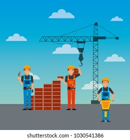construction workers wall brick jackhammer and crane