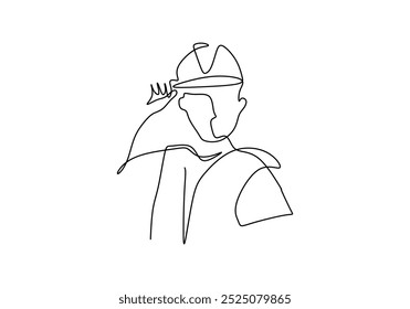 construction workers wear helmets and vests continuous one line drawing. construction concept. Vector illustration minimalist background.
