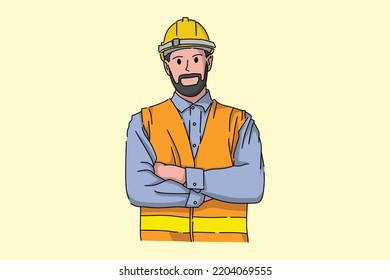 Construction workers. Workers wear safety helmets. Vector Image