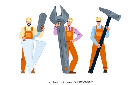 Bauarbeiter tragen harte Hüte und orangefarbene Uniformen, die große Bauwerkzeuge präsentieren, die Arbeit, Reparatur, Entwicklung und professionelles Handwerk symbolisieren