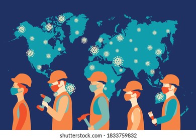 Construction workers wearing medical masks during and post coronavirus COVID-19 pandemic. Coronavirus world map. Workers with various building tools. EPS 10.