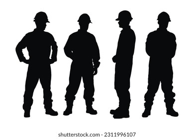 Bauarbeiter, die Uniformen und stehende Silhouettenbündel tragen. Männliche Maurer mit anonymen Gesichtern. Männliche Mason-Silhouette auf weißem Hintergrund. Männliche Silhouettensammlung.