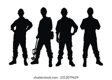 Trabajadores de la construcción vistiendo uniformes y de pie con equipo. Hombres albañiles con caras anónimas. Silueta masculina de albañil sobre un fondo blanco. Colección de silueta de albañil masculino.