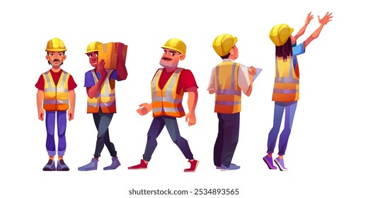 Trabalhadores da construção civil vestindo capacetes amarelos duros e coletes reflexivos em várias poses. Cartoon vetor conjunto de diversos personagens de construção - homem carregando caixa e andando, chegando e segurando tablet.