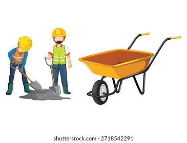 Trabalhadores da construção civil e carrinho de mão com pilha de sujeira