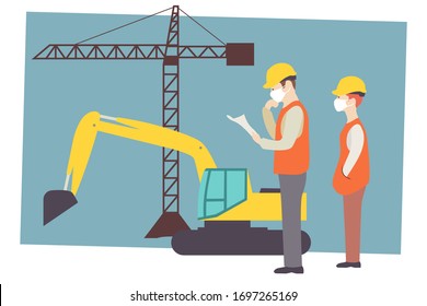 Bauarbeiter in weißer medizinischer Maske während der Coronavirus COVID-19 Pandemie, Baumaschine und Kranich im Hintergrund. EPS10. 