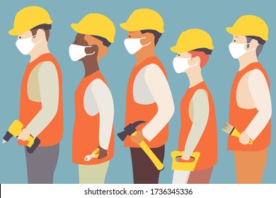 Construction workers in white medical mask during coronavirus COVID-19 pandemic. Workers with various building tools. EPS 10.