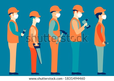 Construction workers in white medical mask during coronavirus COVID-19 pandemic. Workers with various building tools. EPS 10.