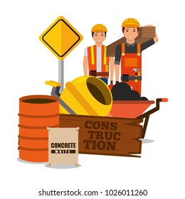 construction workers wooden barrel sack concrete mixer sing road