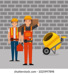 construction workers wooden board toolkit and mixer concrete