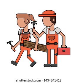 Construction workers wooden plank and toolbox with hammer vector illustration graphic design