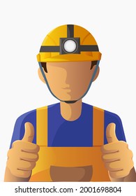 construction workers in work clothes Wearing a helmet with a flashlight. Thumbs up, editable vector illustration.