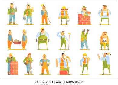 Construction Workers At Work Set Of Graphic Design Cool Geometric Style Isolated Drawings