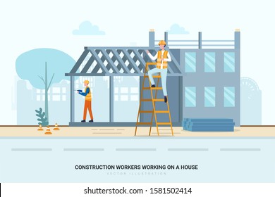 Construction workers working on a house. Create a unique illustration for a website, application, or presentation