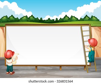 Construction workers working on the sign illustration
