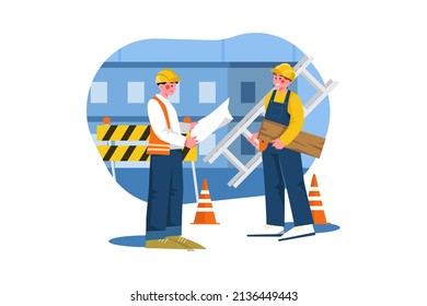 Trabajadores de construcción trabajando en el sitio de construcción Concepto de ilustración. Ilustración plana aislada en fondo blanco.