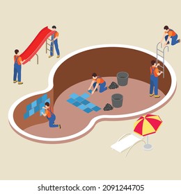 Construction workers working on a swimming pool isometric 3d vector concept for banner, website, illustration, landing page, flyer, etc.