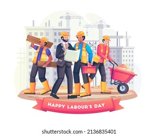 Construction workers working together to build a building on 1th may labour day. Flat style vector illustration