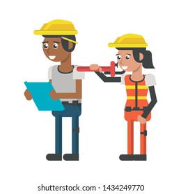 Construction workers with wrench and clipboard cartoon