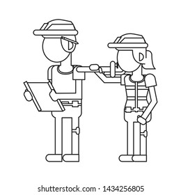 Construction workers with wrench and clipboard cartoon