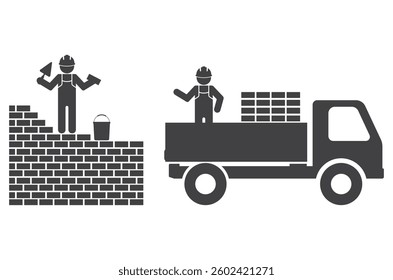 construction workerswith trowel in hand build brick wall and car truck lorry delivry bricks icon