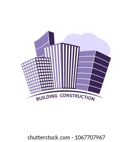 Construction working industry concept. Building construction logo in violet. Silhouette of a built business center. Stock vector. Vector illustration EPS10.