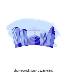 Construction working industry concept. Building construction logo in blue. Silhouettes of high-rise buildings on a brush stroke. Stock vector. Vector illustration EPS10.